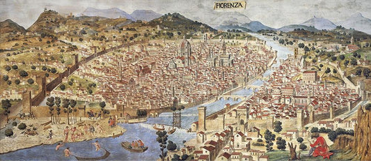 Ancient bird's eye view of Florence, Tuscany, Italy, 1490, (canvas print, 39 cm x 88 cm)