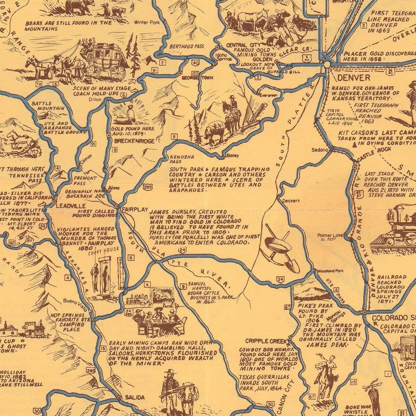 Old map of historic Colorado, 1942, (canvas print, 67 cm x 87 cm)