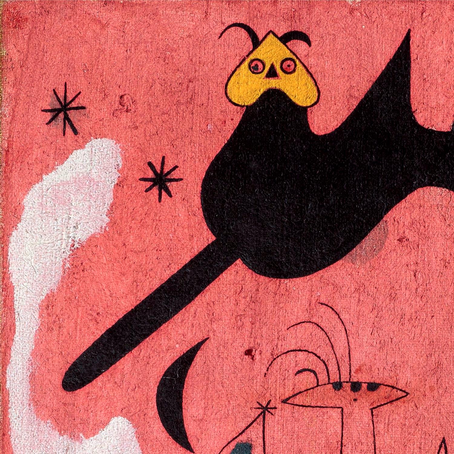 Abstract artwork with a black cat-like creature on a pink background