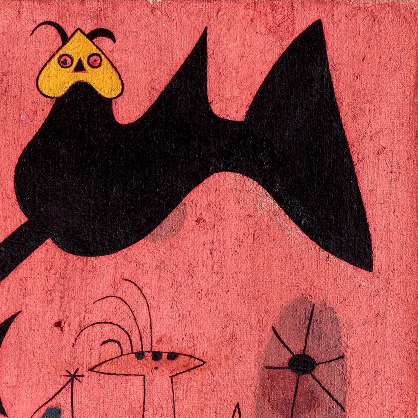Abstract artwork with a black fish-like creature on a pink background