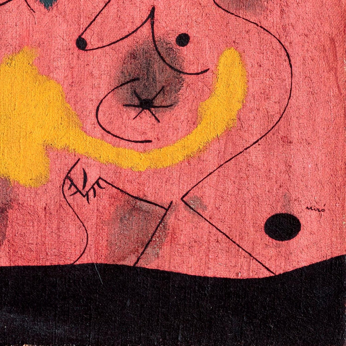 Abstract artwork with a pink background, yellow curved lines, and black shapes.