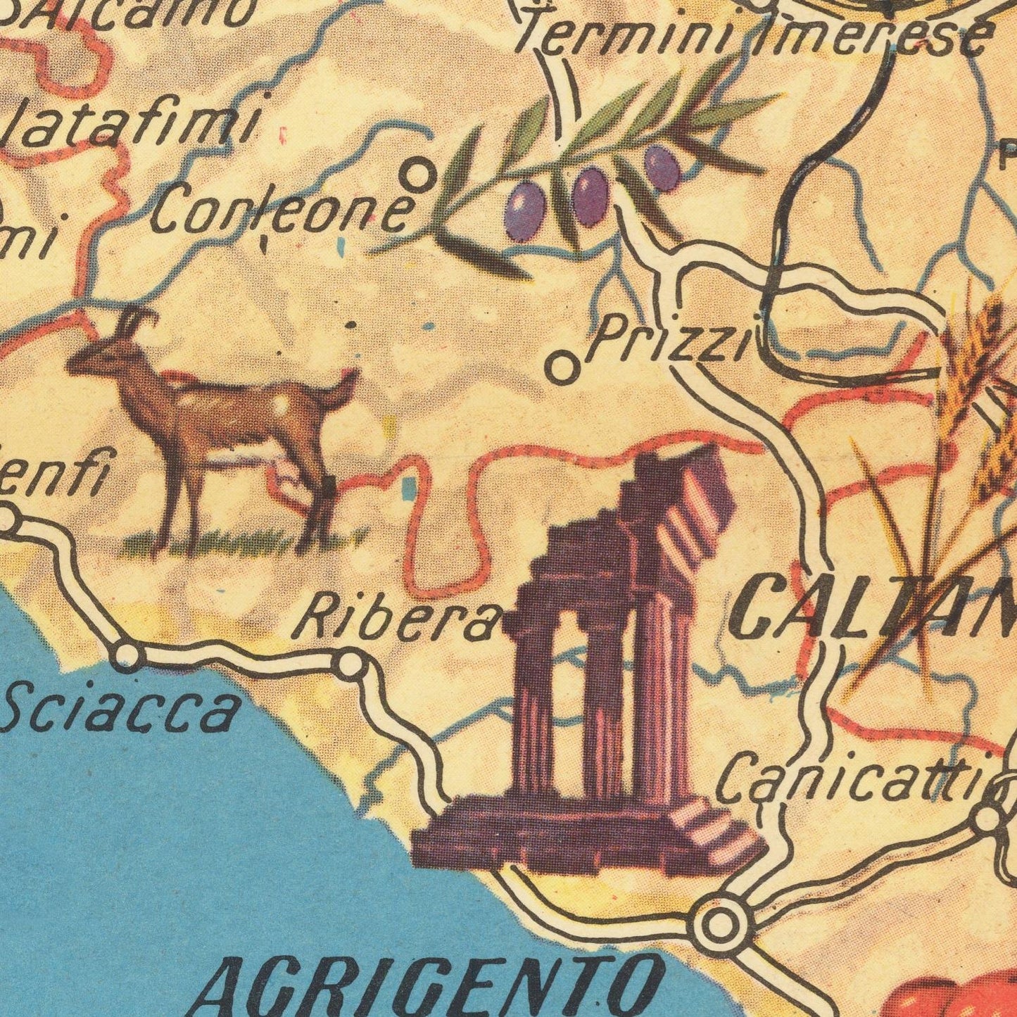 Old pictorial map of Sicily, 1961, (matte photo print, 58 cm x 76 cm)