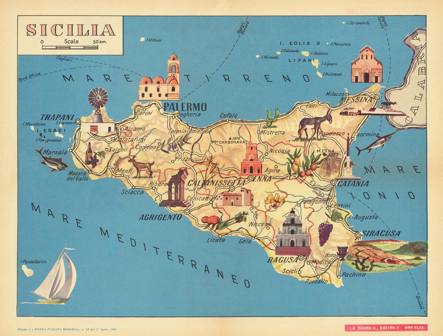 Old pictorial map of Sicily, 1961, (matte photo print, 58 cm x 76 cm)