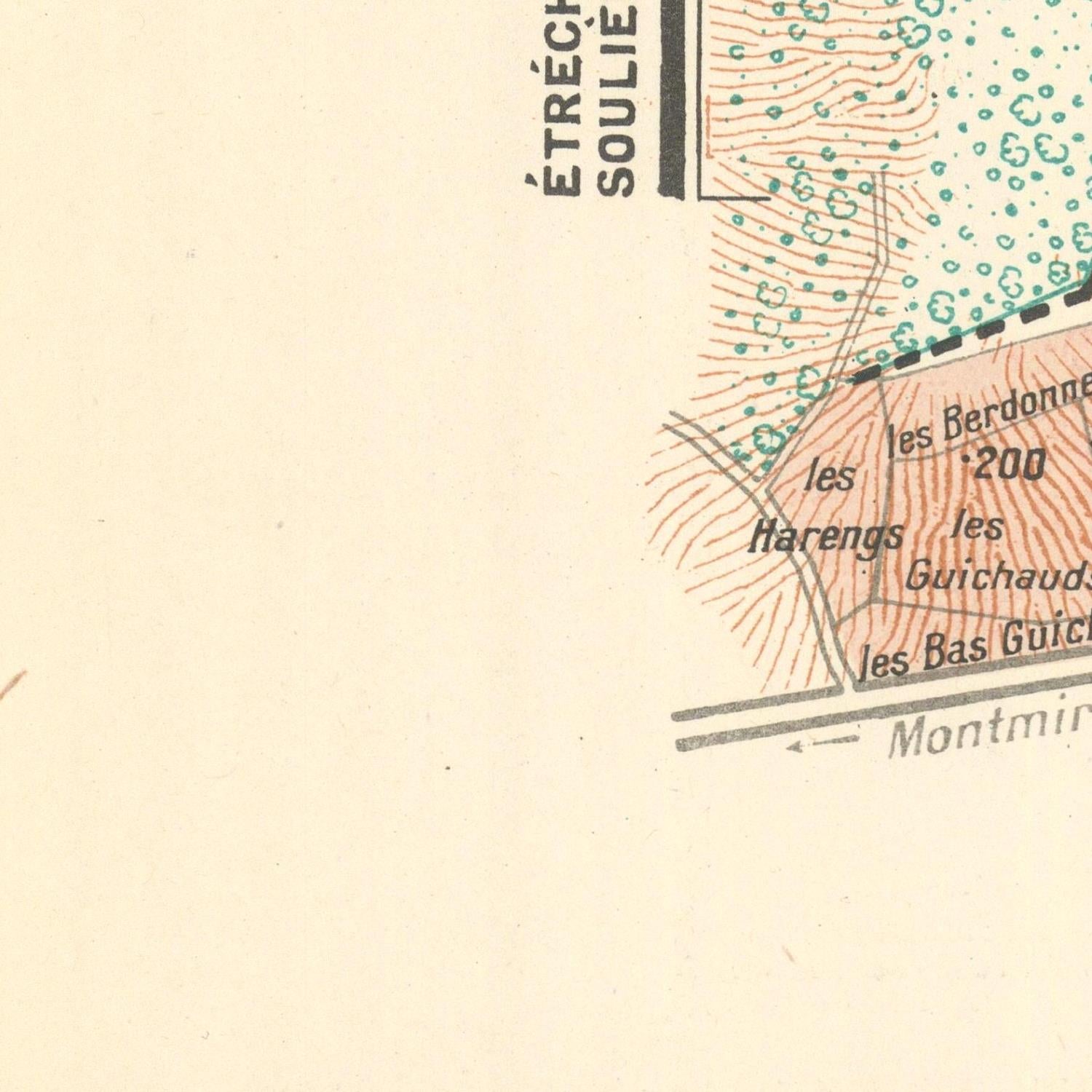 Vintage map section with labeled streets and distances on a beige background