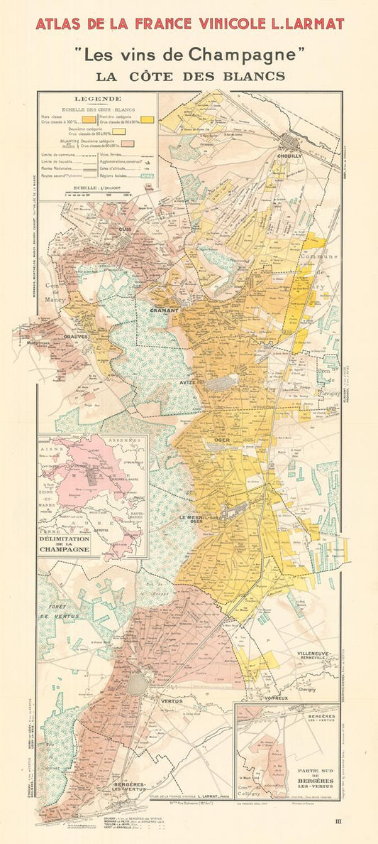 Vintage map of Champagne wine regions with color-coded areas