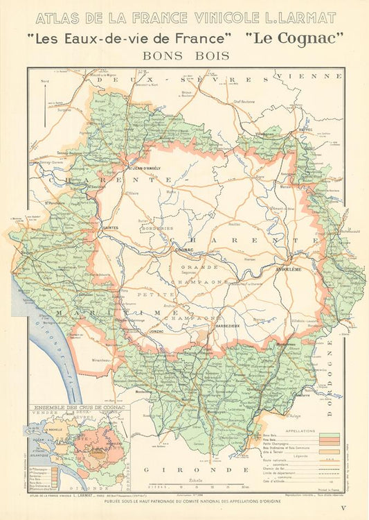 Map of France with regions highlighted, likely related to cognac production areas.