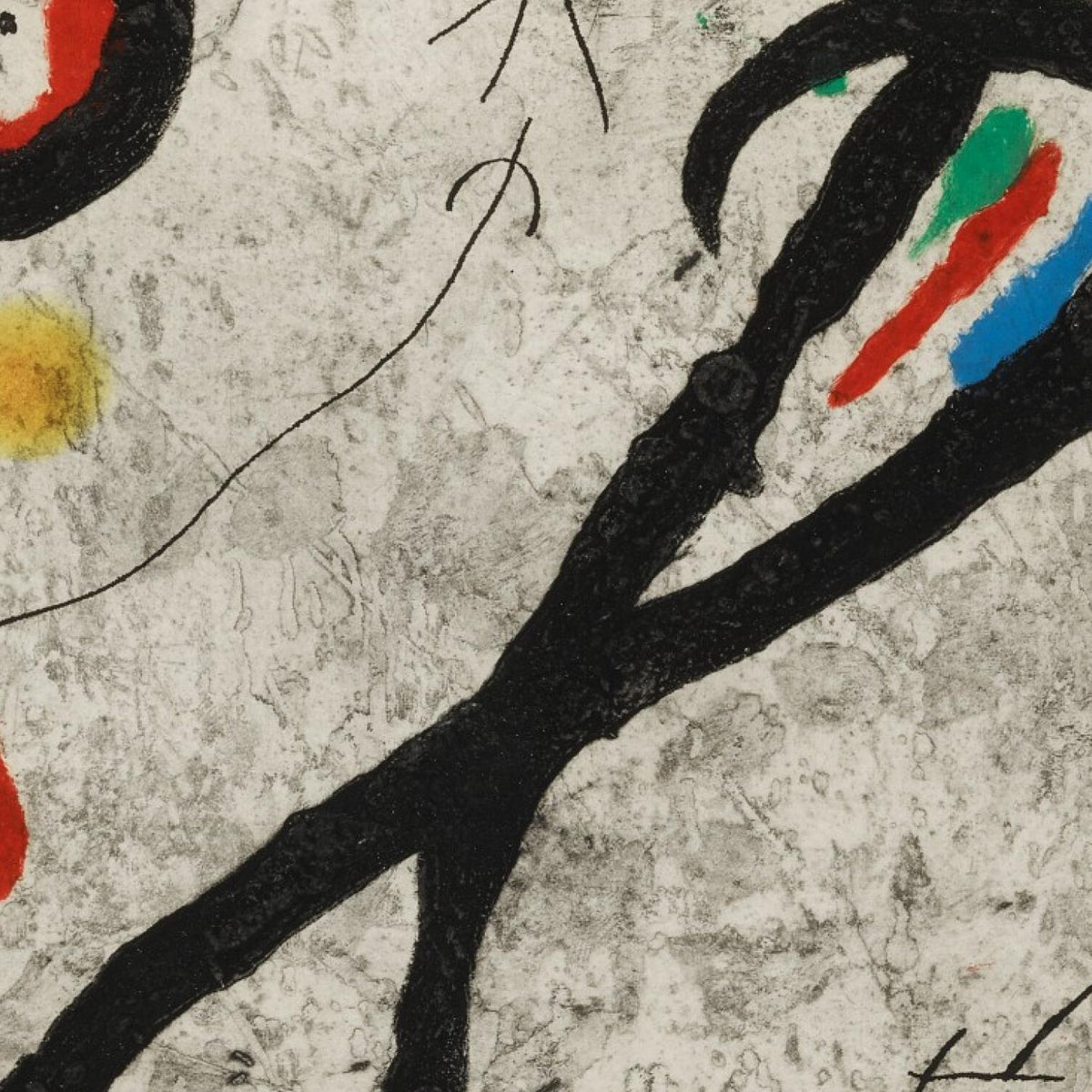 Abstract artwork featuring bold black gestural lines on a textured off-white background, with small areas of red, green, and blue paint.