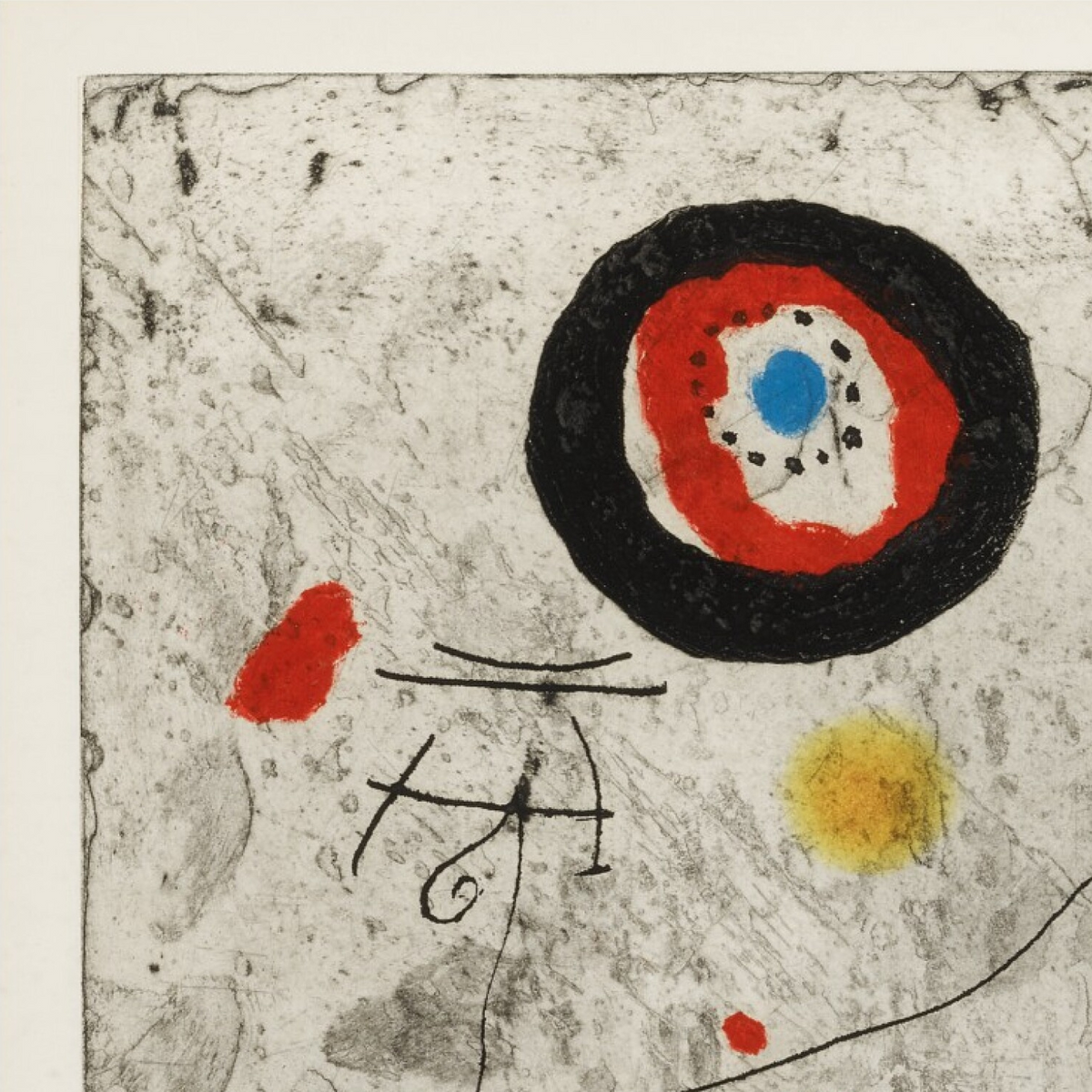 Abstract artwork featuring a bold black, red, white, and blue concentric target motif on a textured off-white background, with additional red, yellow, and black gestural marks.