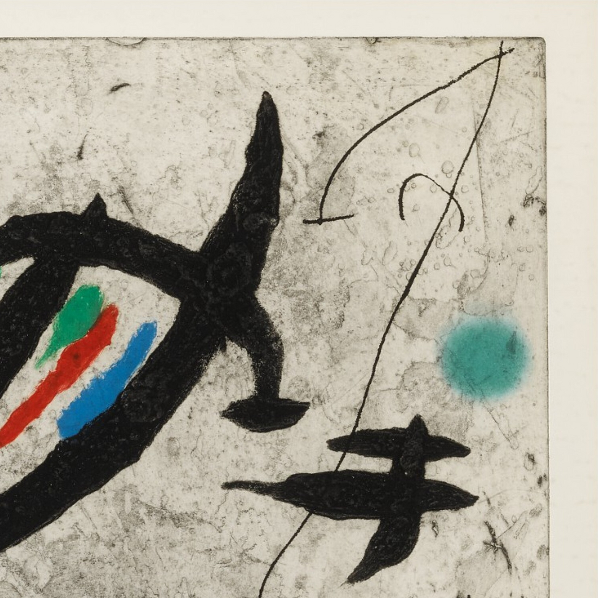A close-up of an abstract artwork featuring bold black calligraphic brushstrokes on a textured off-white background, with small accents of green, red, blue, and teal.