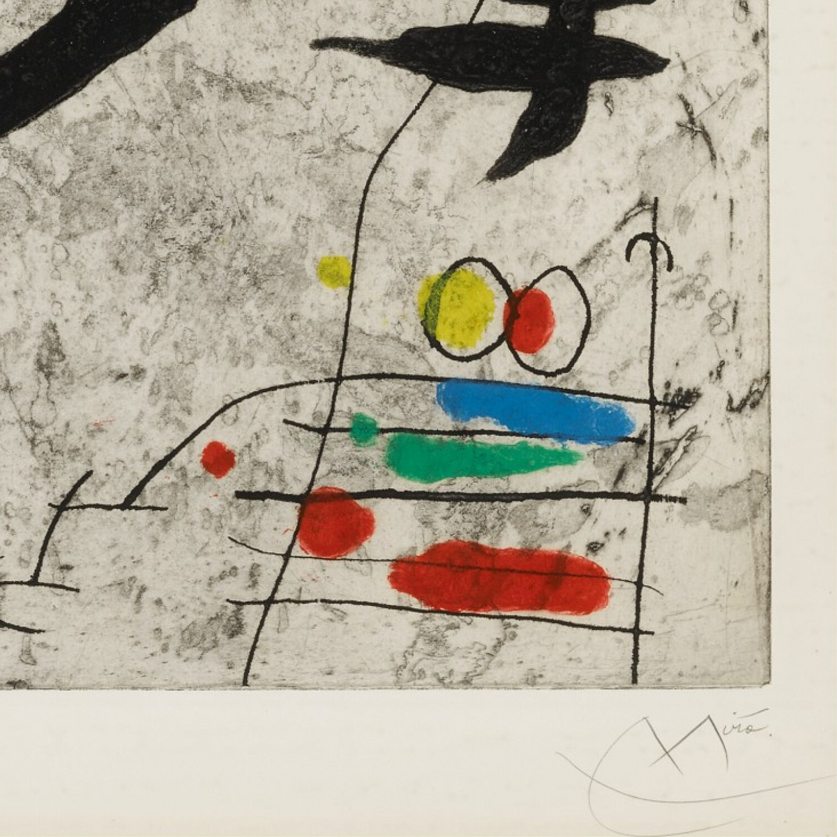 A close-up of an abstract artwork print with black gestural lines, gray textured paper, and colorful painted accents including yellow, red, green, and blue on a white border.