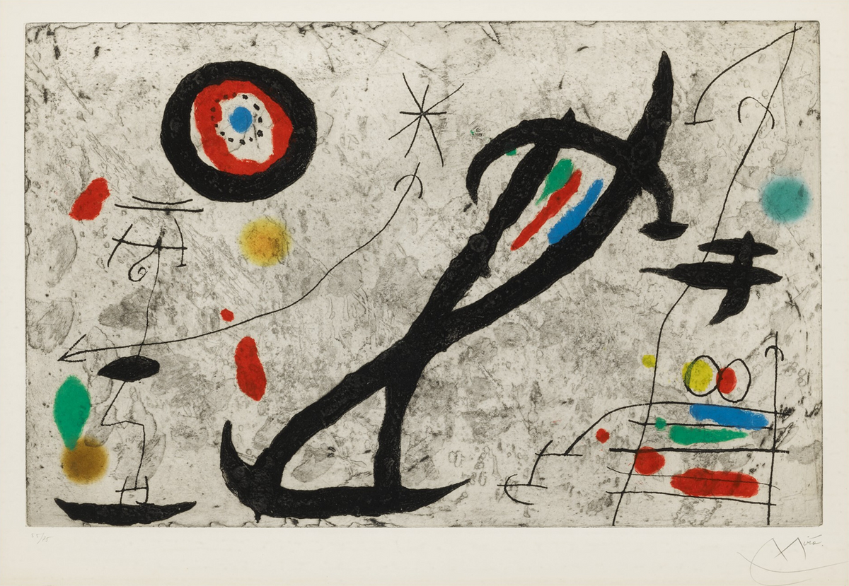 An abstract artwork print featuring bold black calligraphic forms, a red and blue target motif, and scattered colored marks on a textured off-white background.