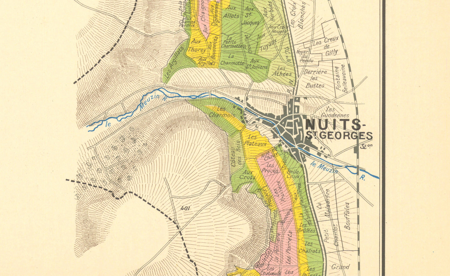 Vintage map of a town with labeled streets and boundaries