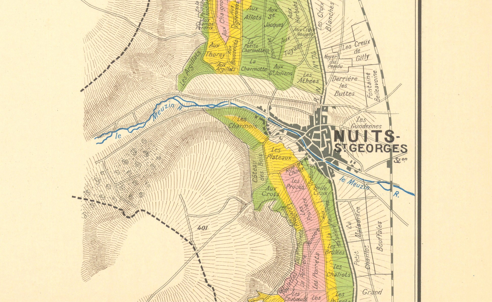 Vintage map of a town with labeled streets and boundaries