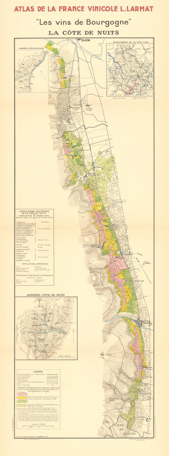 Vintage map of Burgundy wine regions with color-coded areas