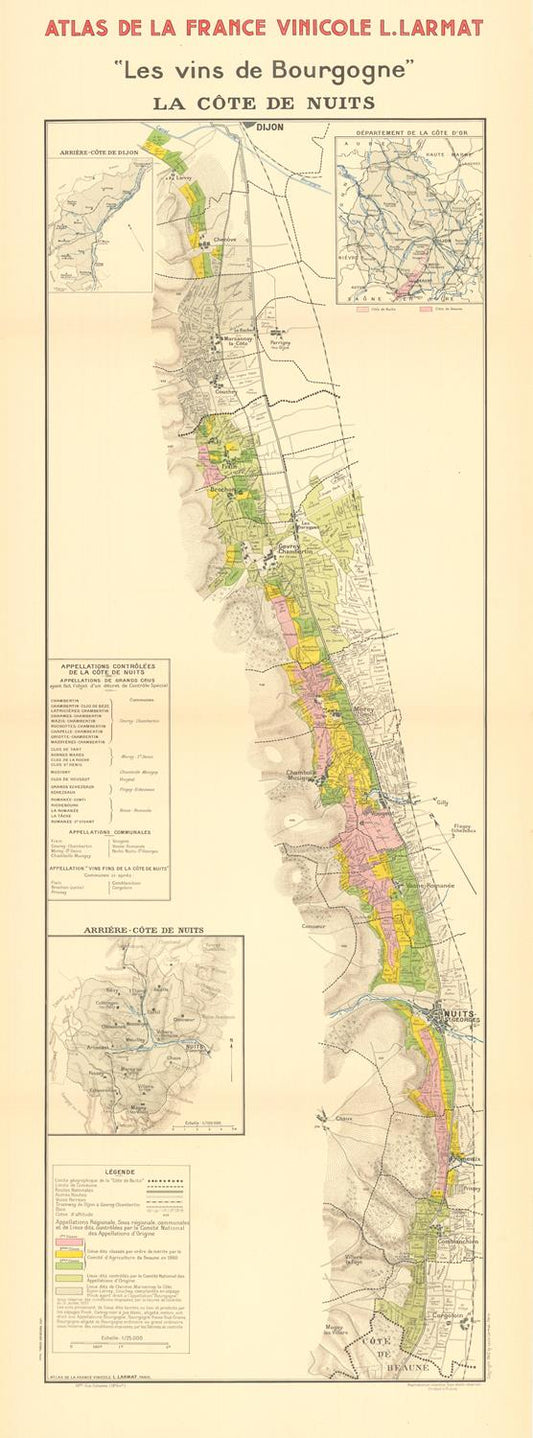 Vintage map of Burgundy wine regions with color-coded areas
