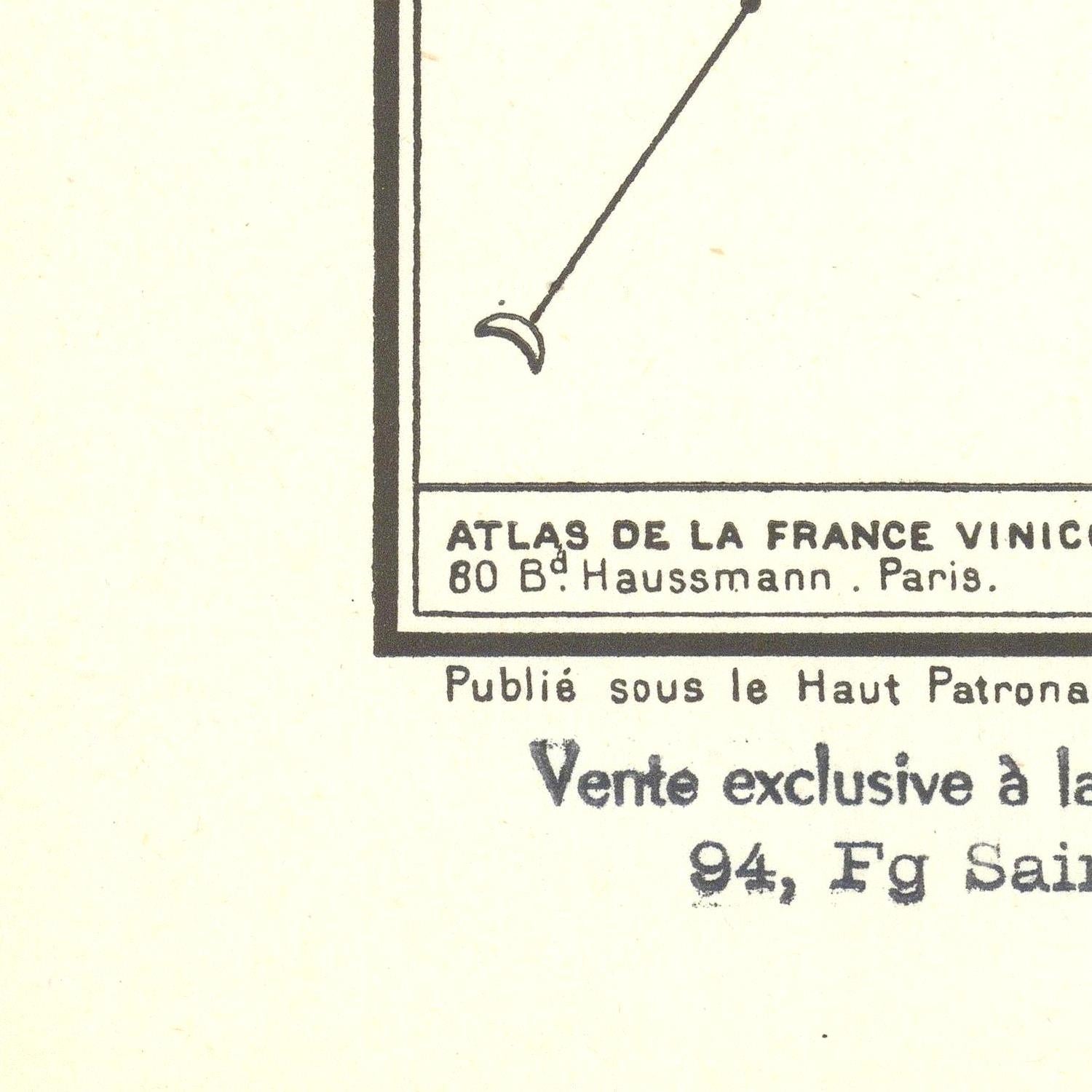 Vintage advertisement text for 'Atlas de la France Vinicole' with address details on a white background.