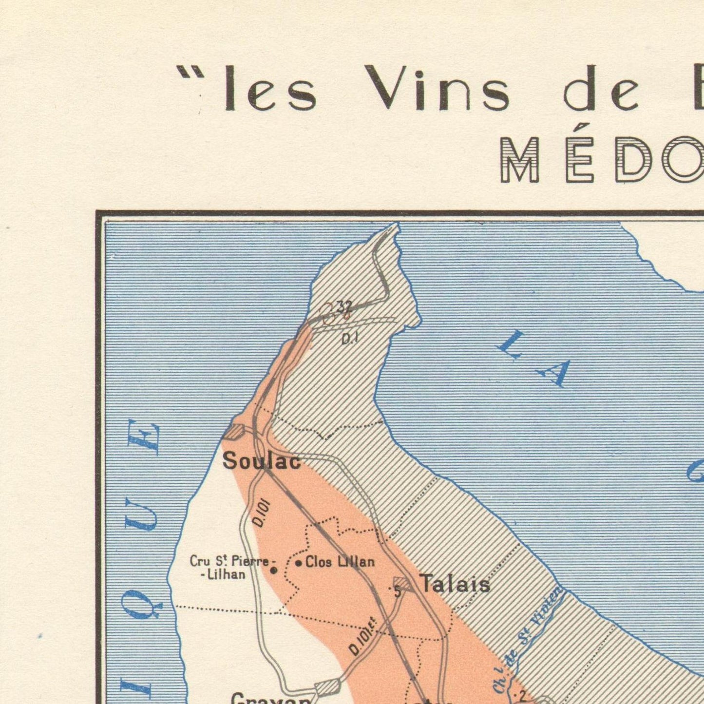 Map of a region labeled 'les Vins de Bordeaux' with various towns and vineyard names.