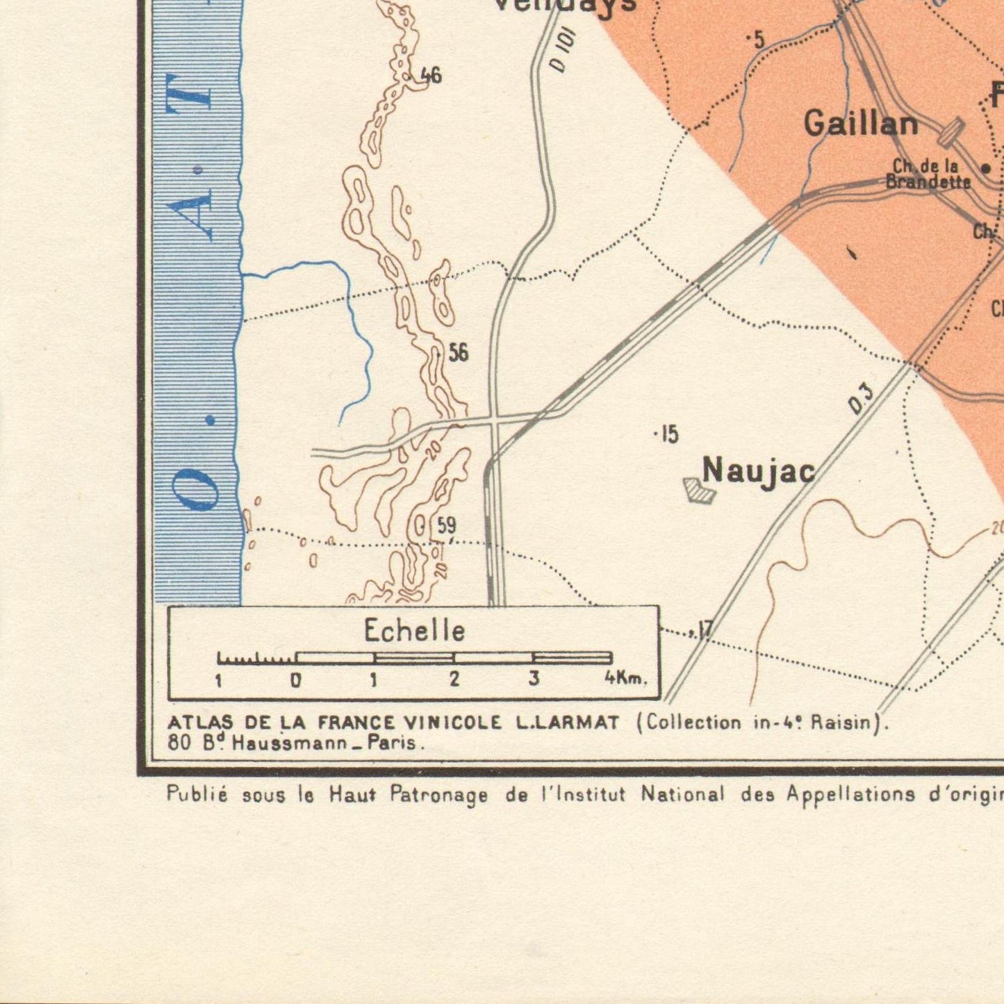 Vintage map of a region with labeled places and a scale bar, featuring a beige background.