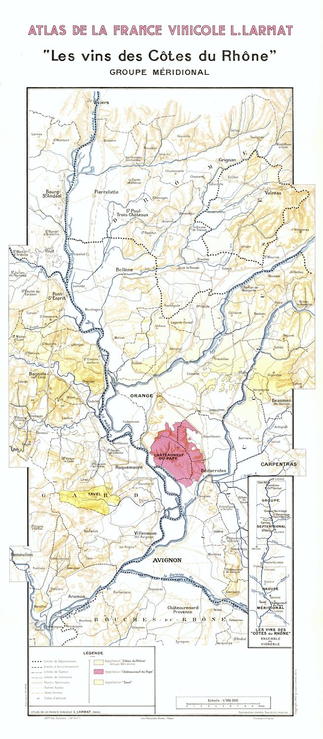 Map of Côtes du Rhône wine region with color coding on a white background