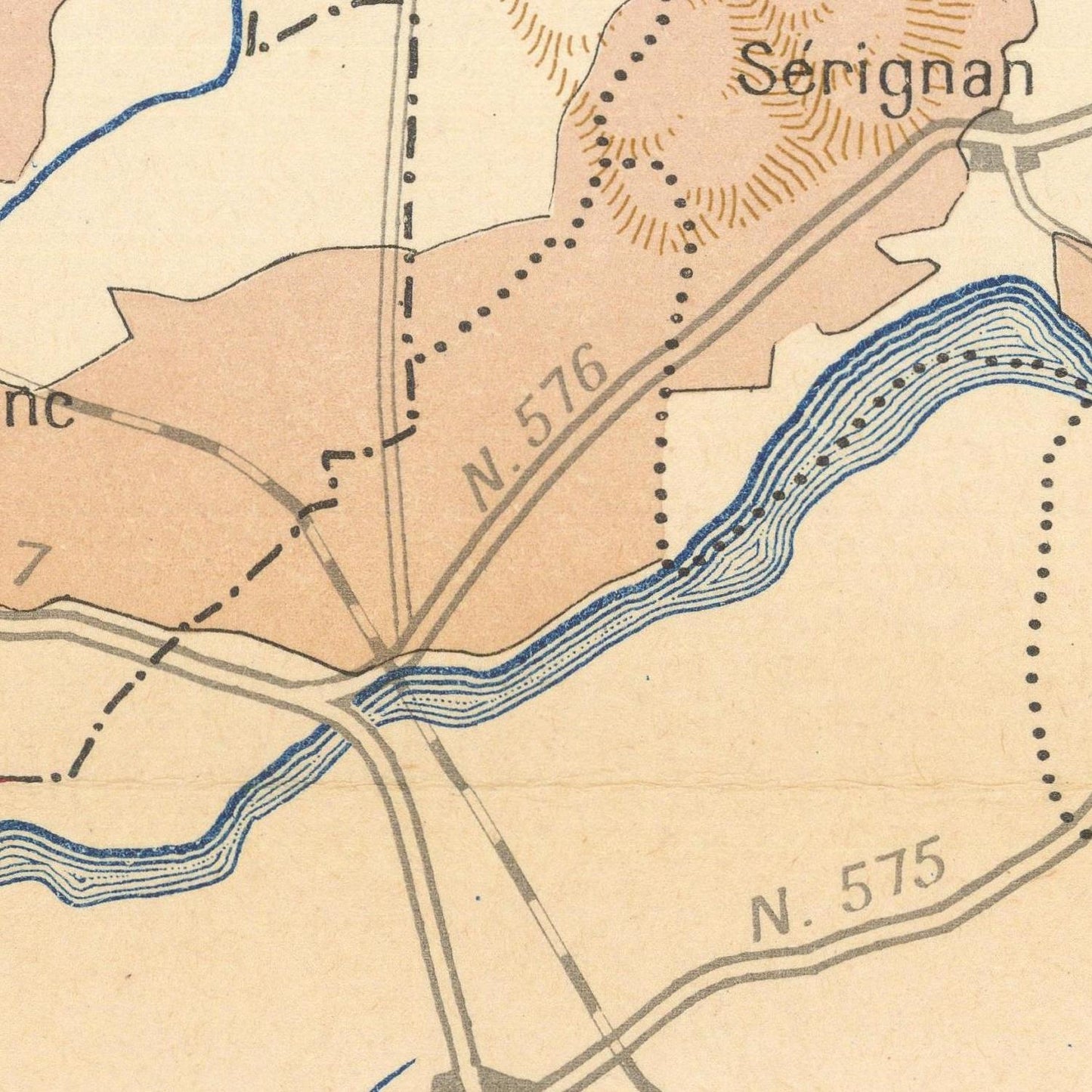 Vintage map of a region with roads and labels, featuring the name 'Sérignan'.
