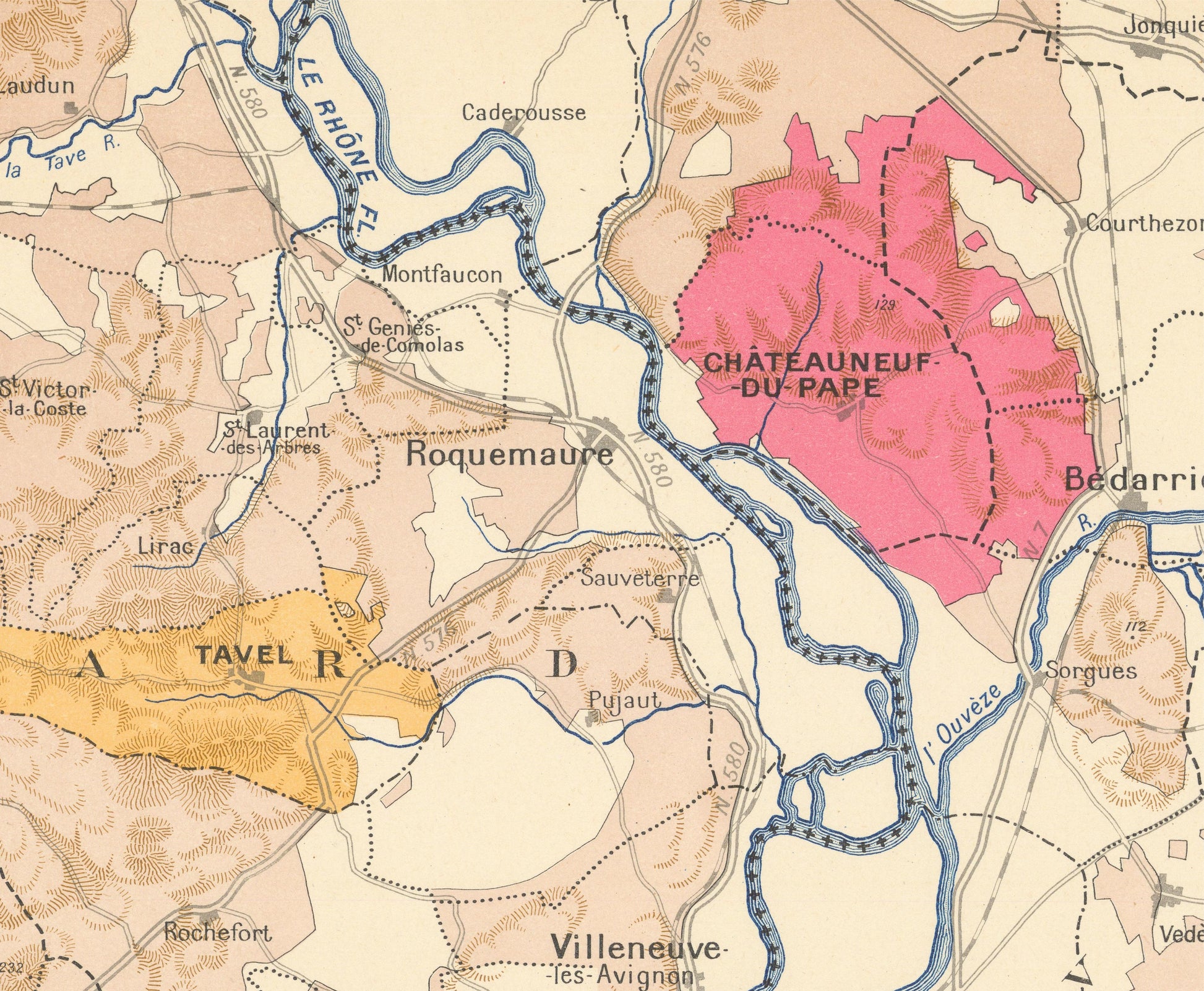 Map highlighting Chateauneuf-du-Pape region in pink on a historical map of surrounding areas.