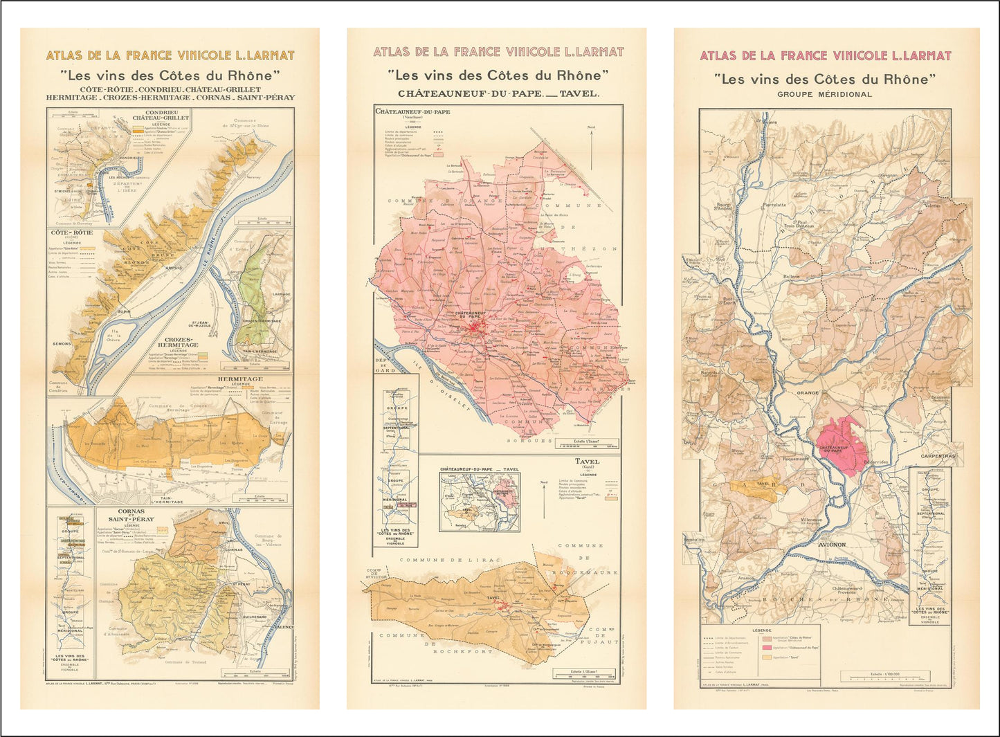 Three vintage maps of French wine regions on a beige background