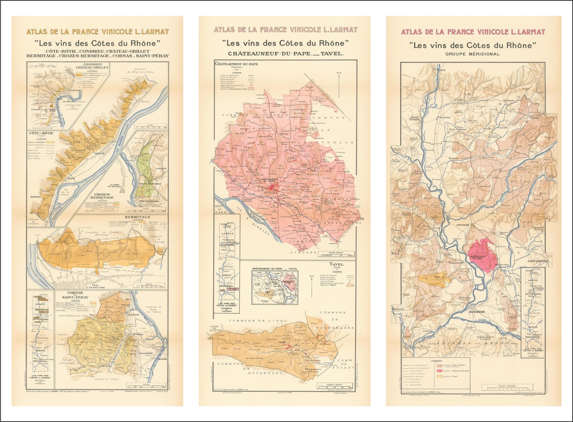 Three vintage maps of French wine regions on a beige background