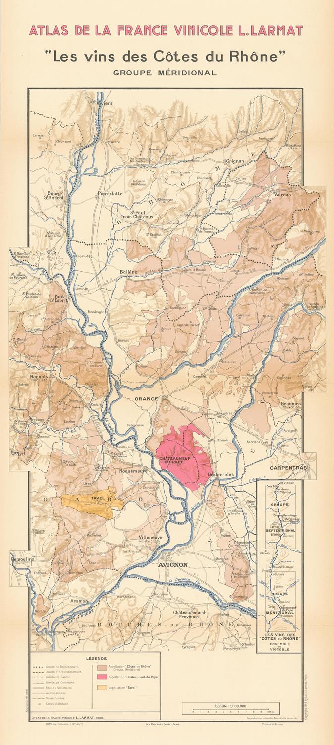 Map of wine regions in the Rhone Valley with color coding on a vintage paper background.