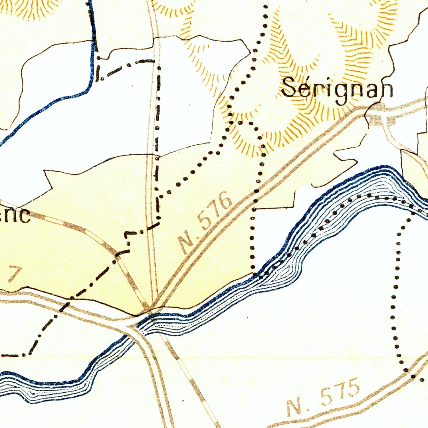 Map of a region with roads and boundaries labeled, featuring the name 'Serignan'.