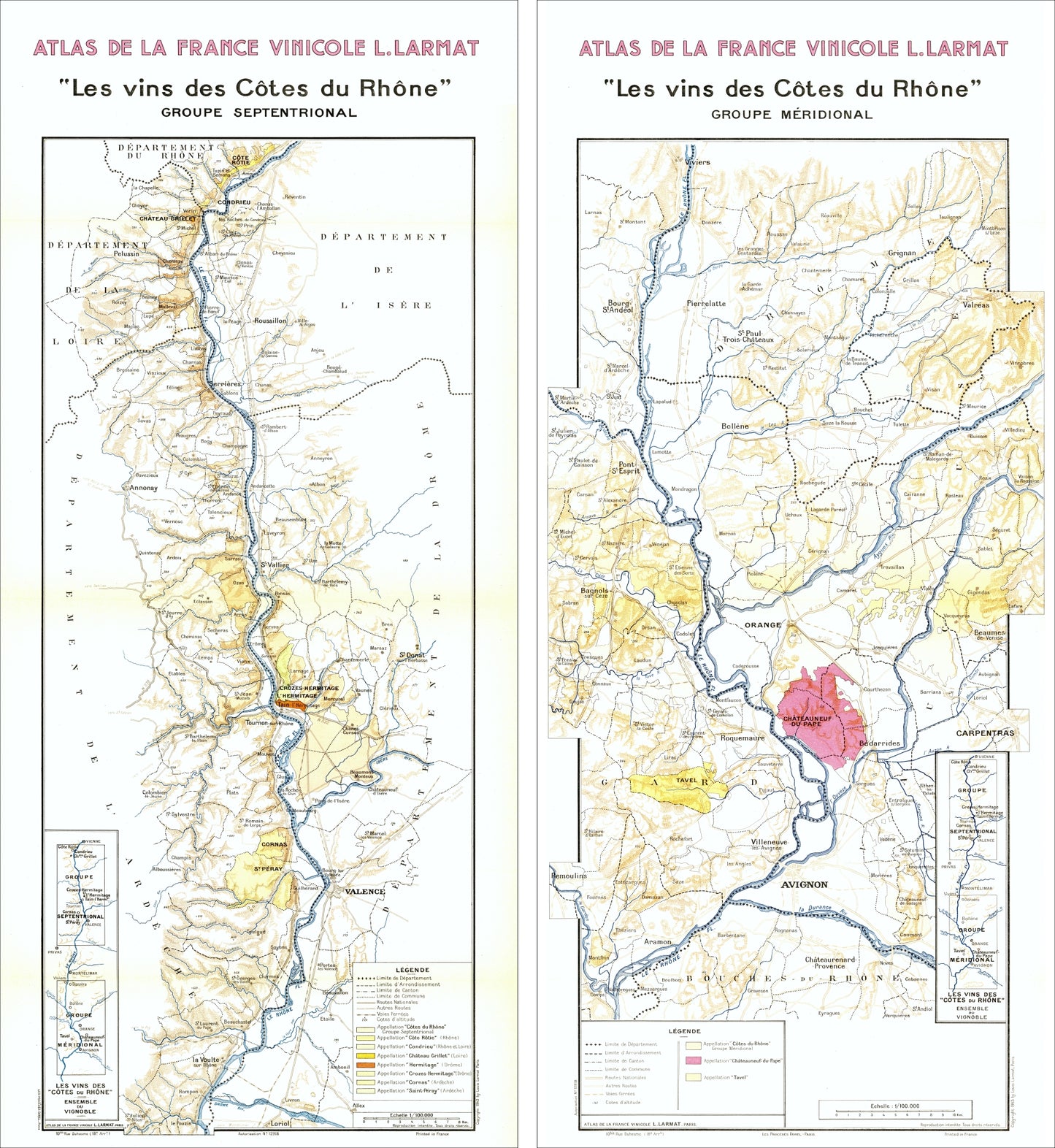 Two maps of the Côtes du Rhône wine region in France, showing different groups and regions.