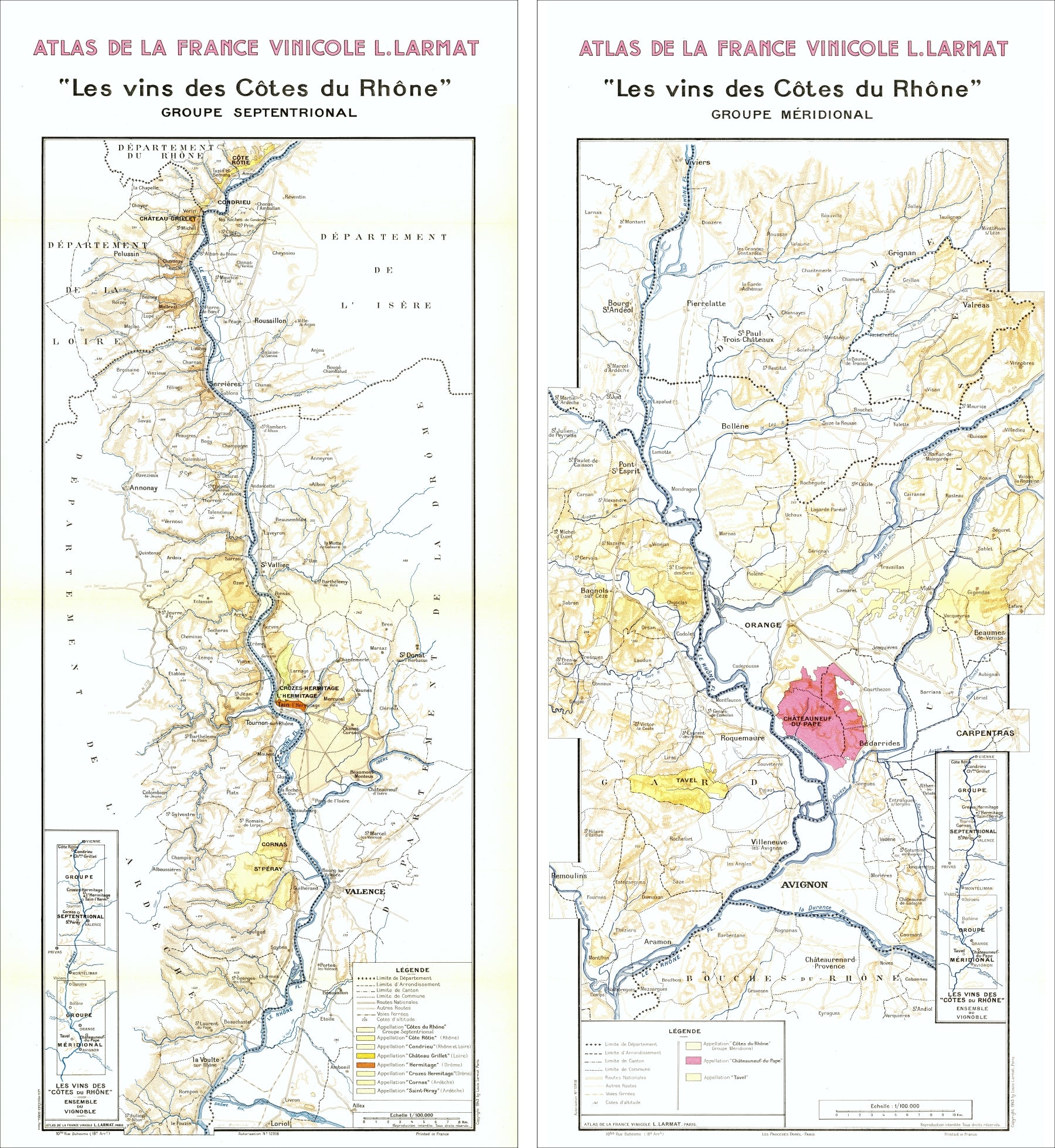 Two maps of the Côtes du Rhône wine region in France, showing different groups and regions.