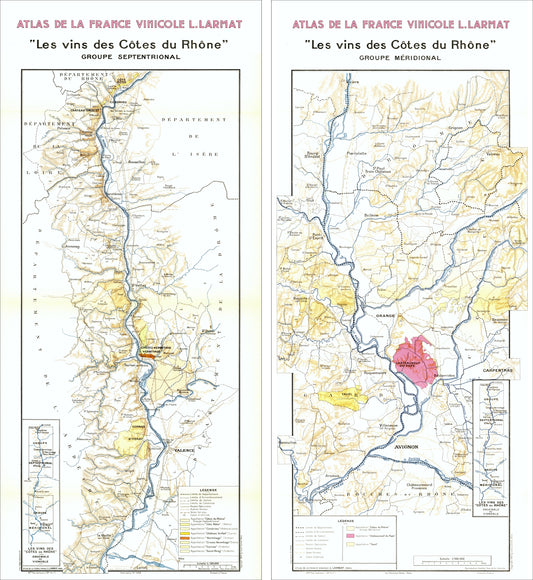 Two maps of the Côtes du Rhône wine region in France, showing different groups and regions.