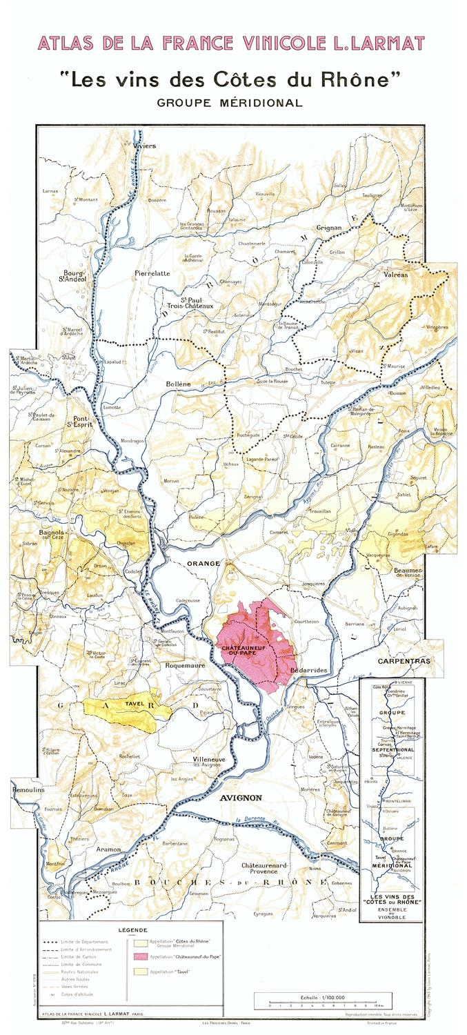 Map of Côtes du Rhône wine region with color coding and text