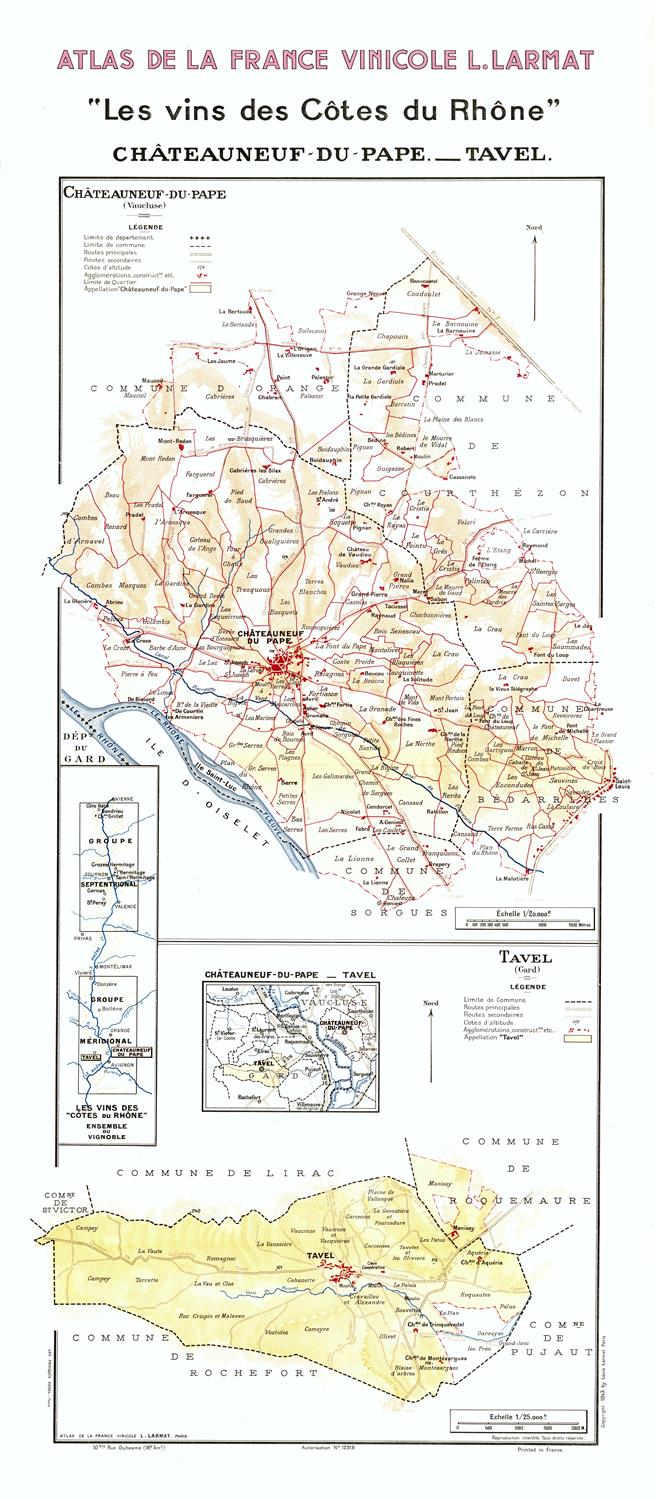 Map of wine regions in Côtes du Rhône with Chateauneuf-du-Pape and Tavel highlighted.