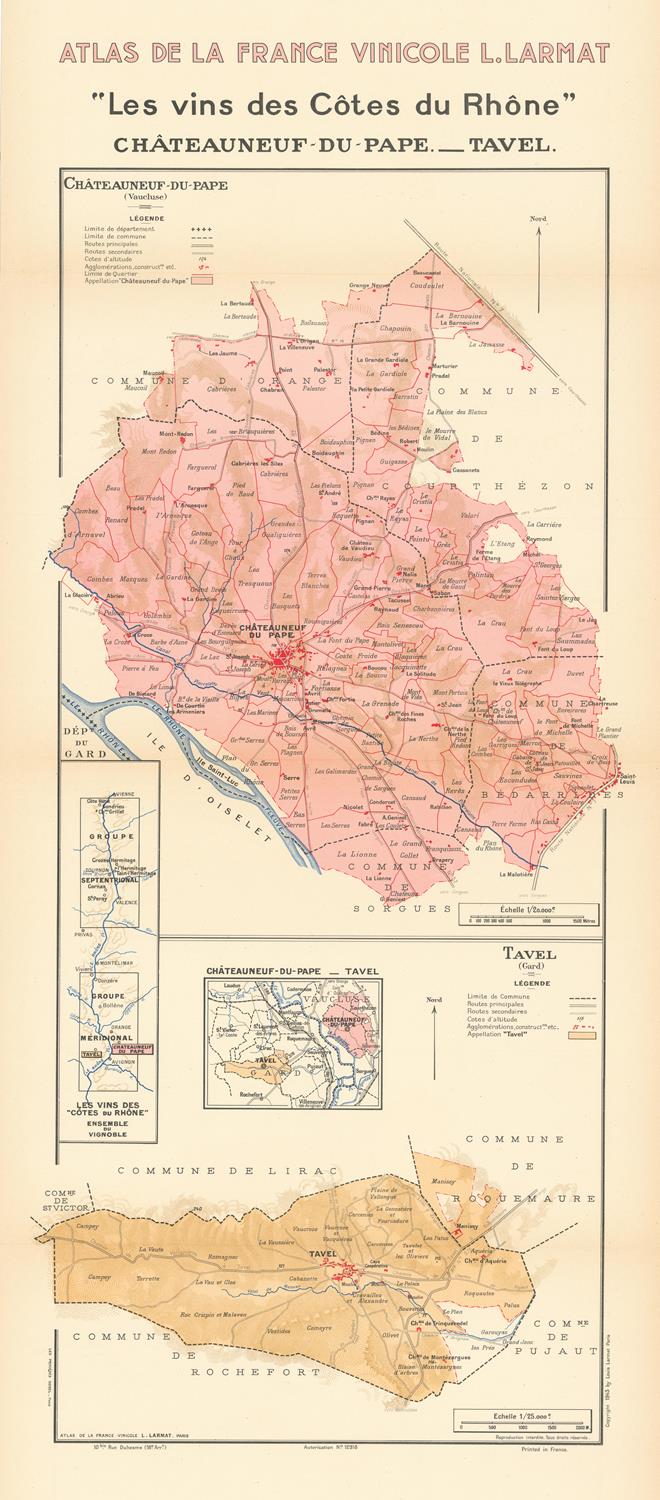 Map of Côtes du Rhône wine regions with Châteauneuf-du-Pape and Tavel highlighted.