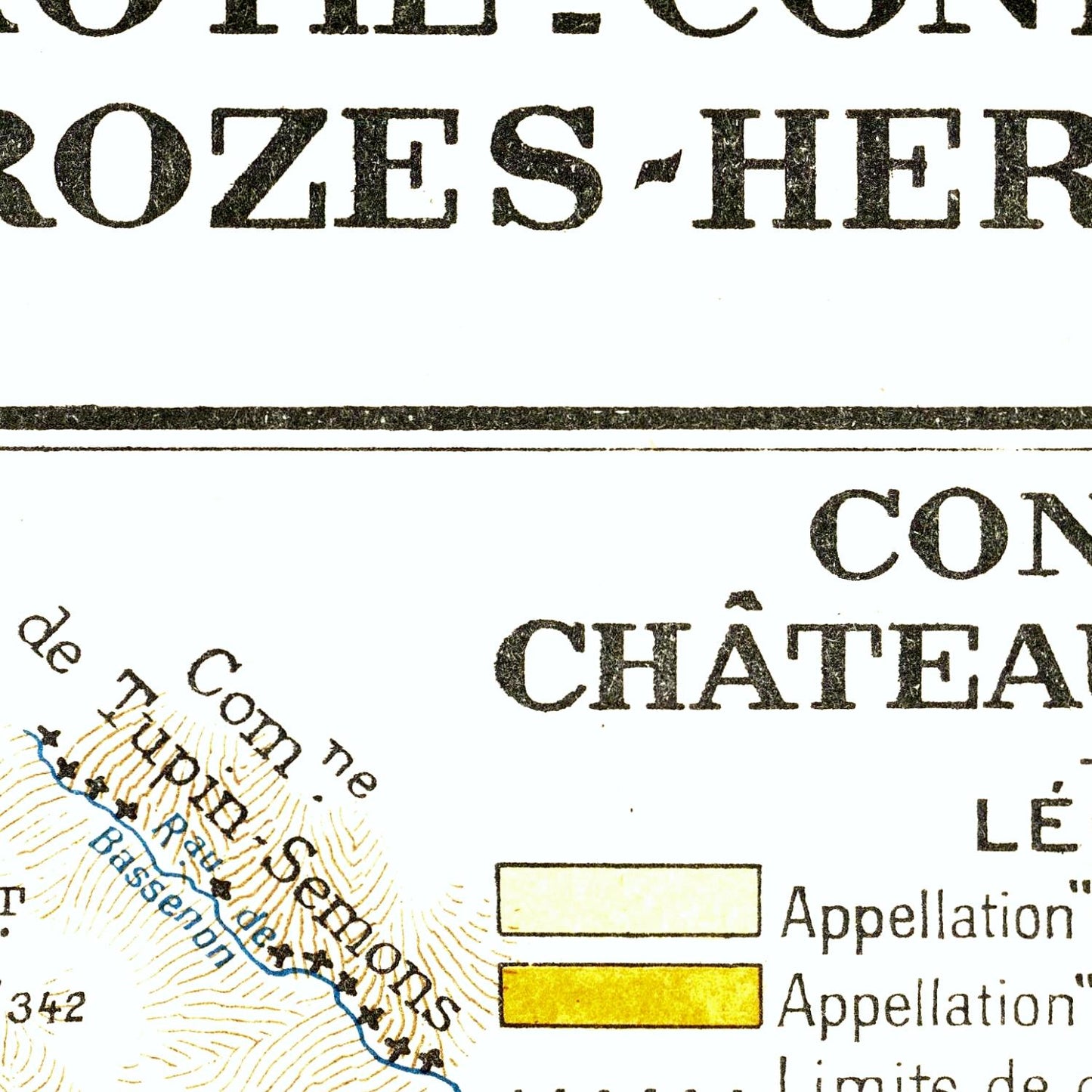 Vintage map with text and labels, featuring a yellow area labeled 'Appellation'.