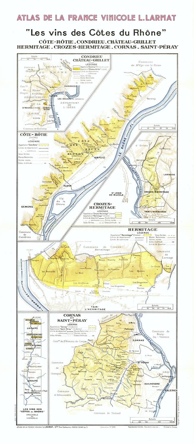 Map of wine regions in the Rhone Valley, France, from Atlas de la France Viticole Larmat.