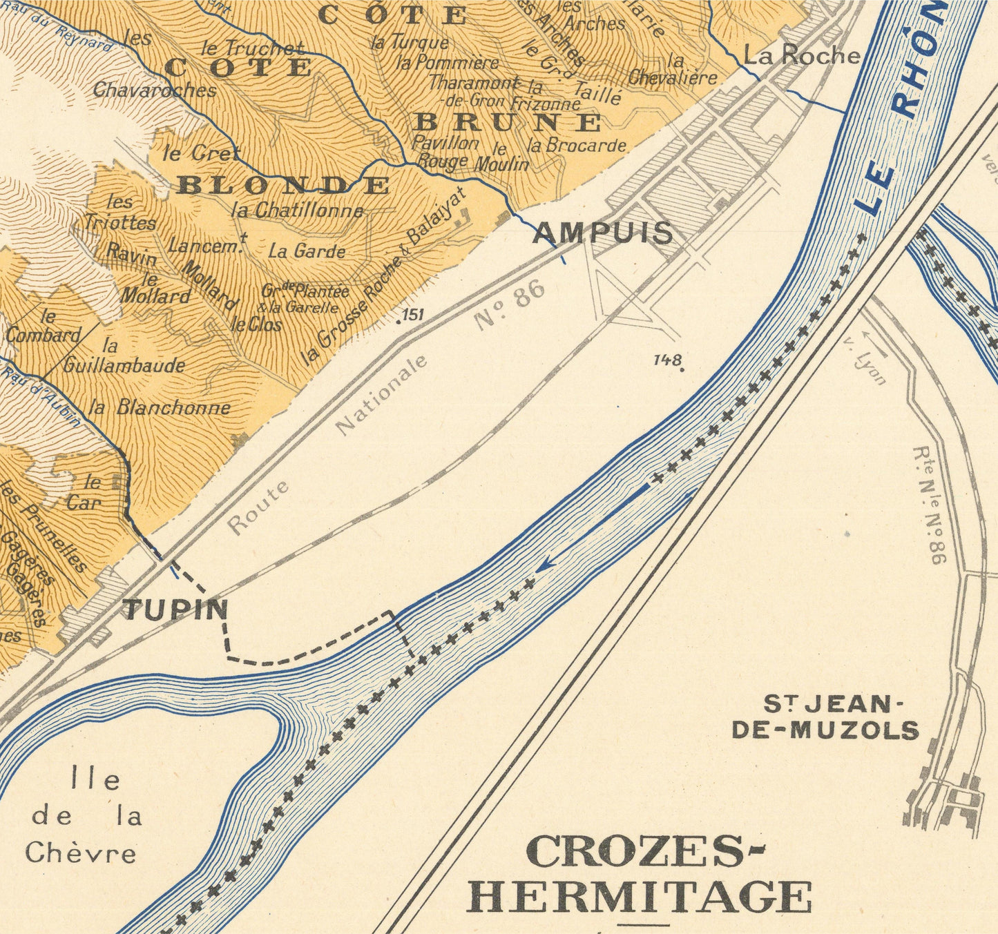 Old map of a region with roads, rivers, and place names labeled