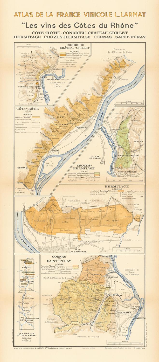 Vintage map of wine regions in the Côtes du Rhône area, France.