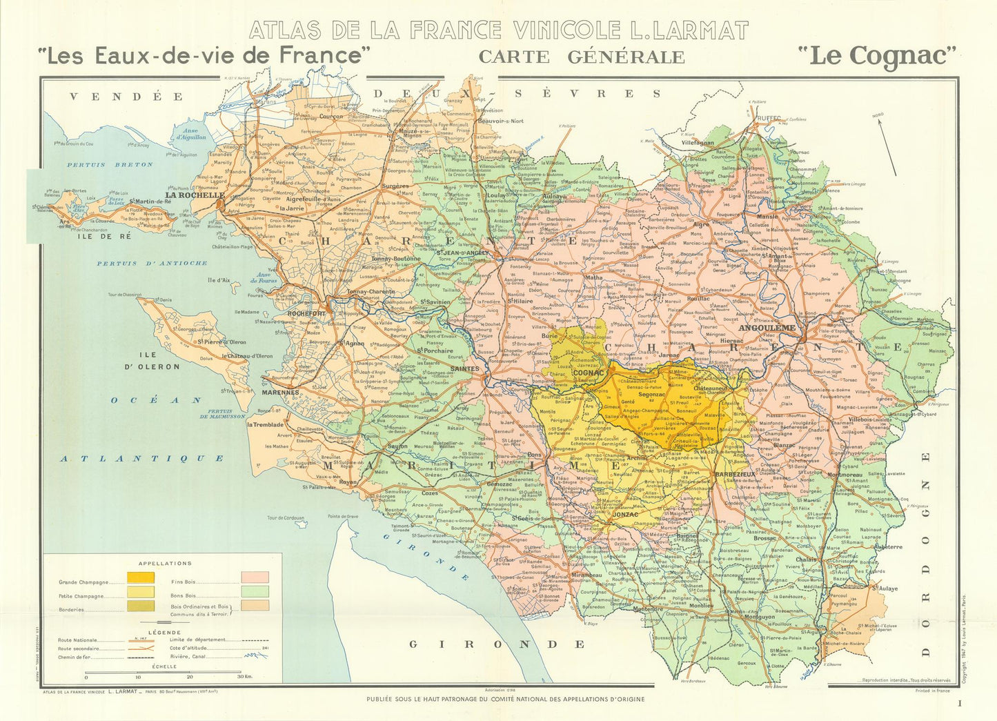 Old wine map of Cognac region, Champagnebois, Charente, 1947