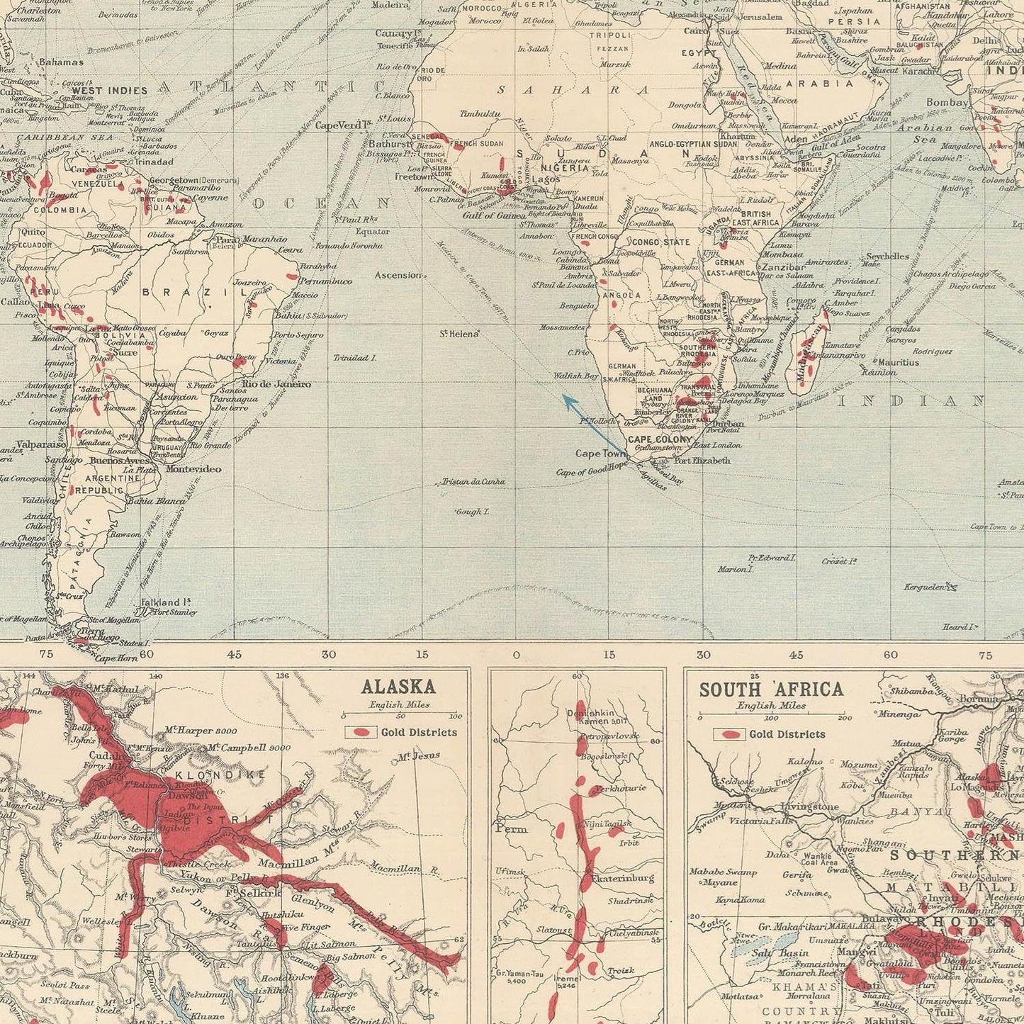 Old map of gold mining coutries, 1906