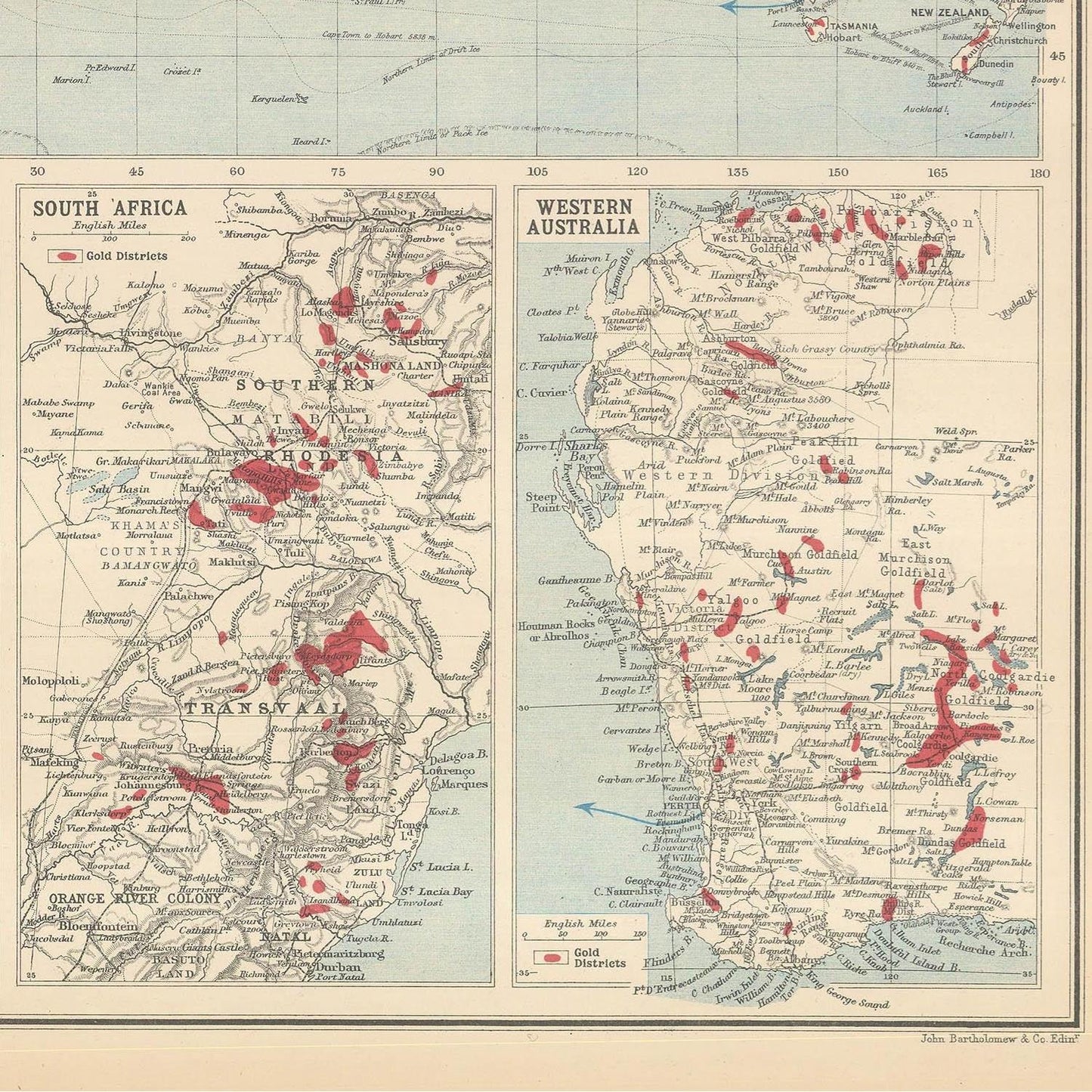 Old map of gold mining coutries, 1906