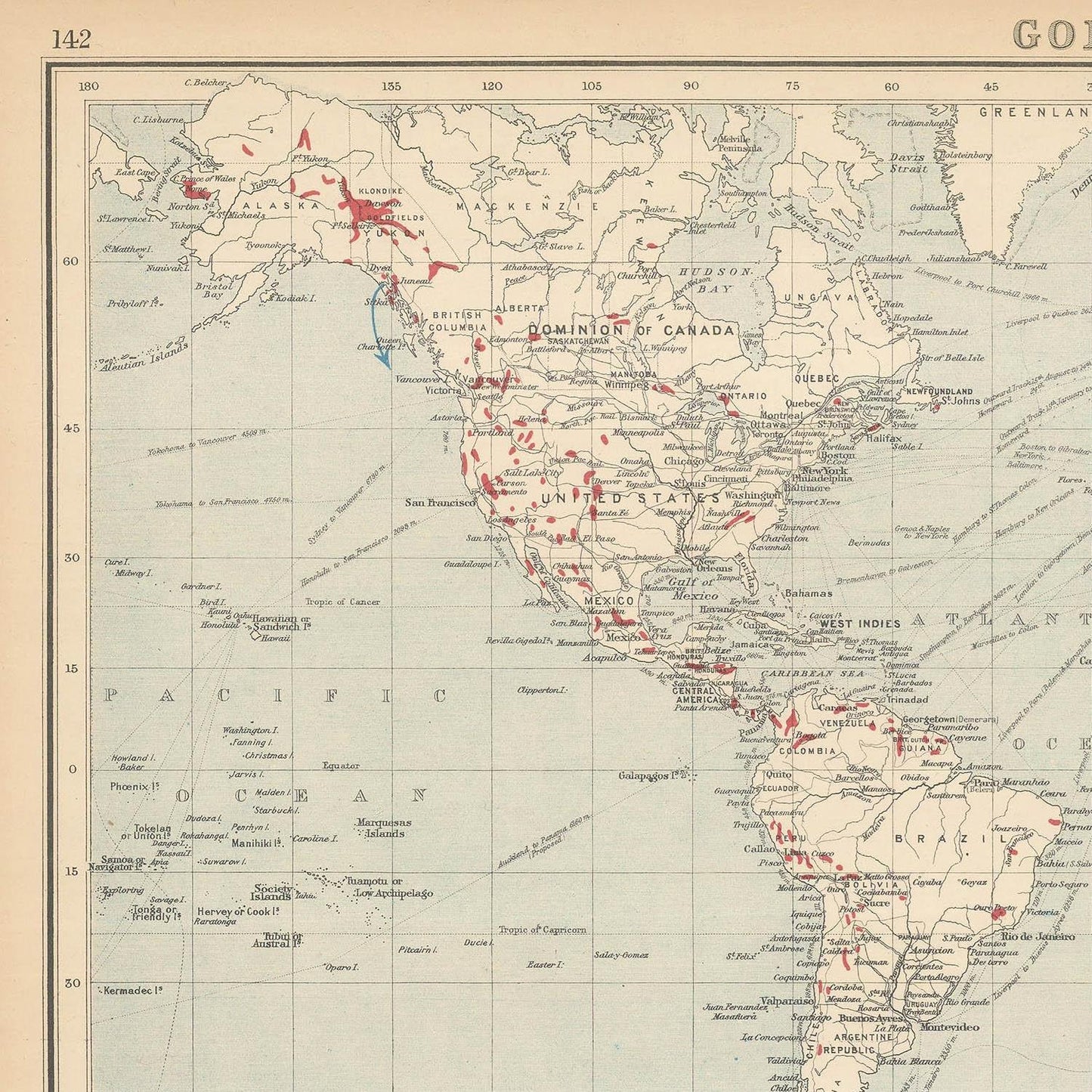 Old map of gold mining coutries, 1906