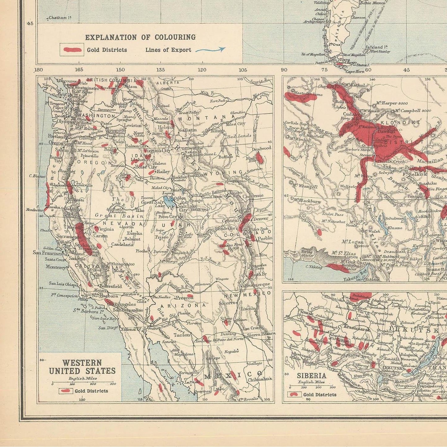 Old map of gold mining coutries, 1906