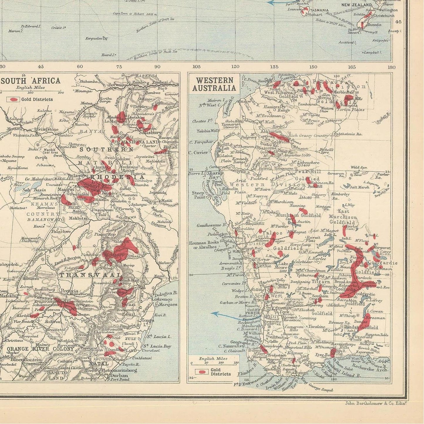 Old map of gold mining coutries, 1906