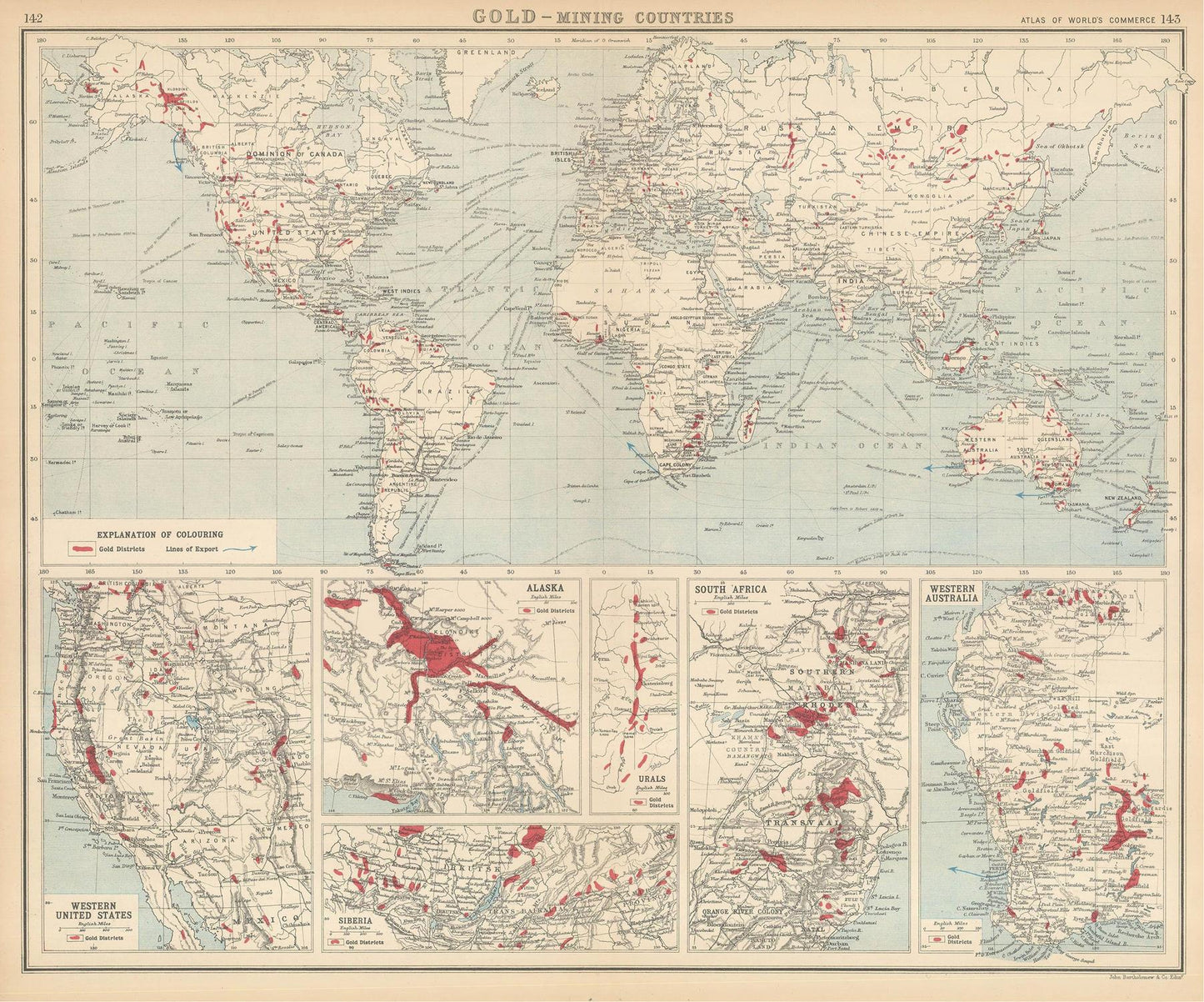 Old map of gold mining coutries, 1906