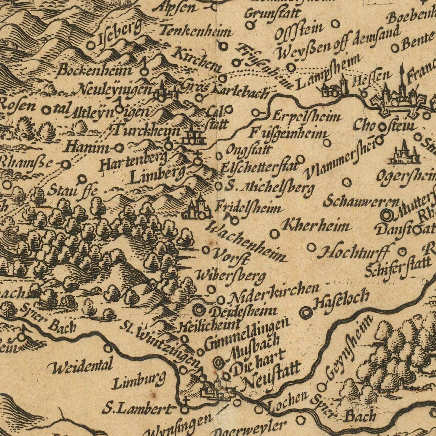 Ancient map of Rhine River Valley, 1652