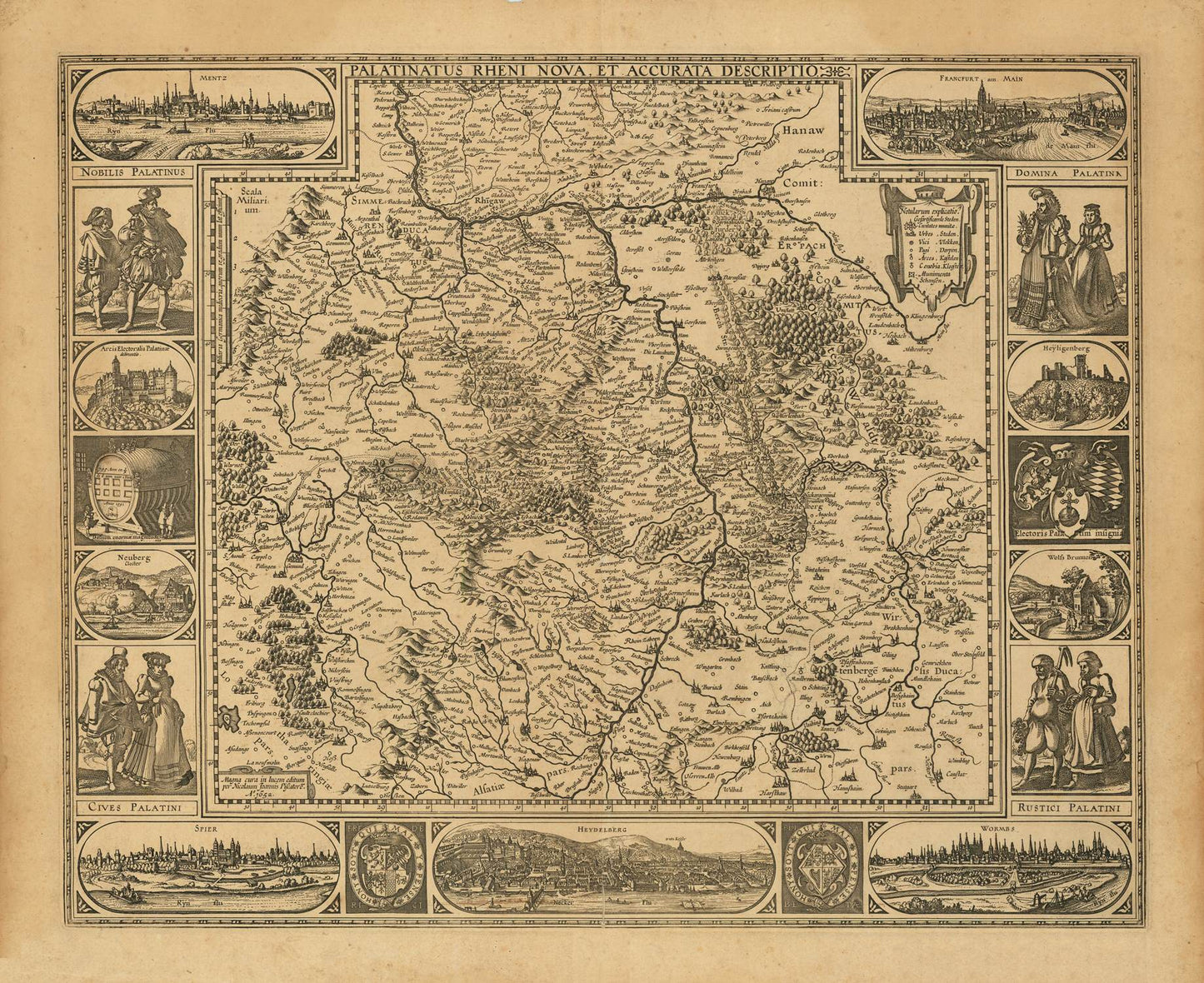 Ancient map of Rhine River Valley, 1652