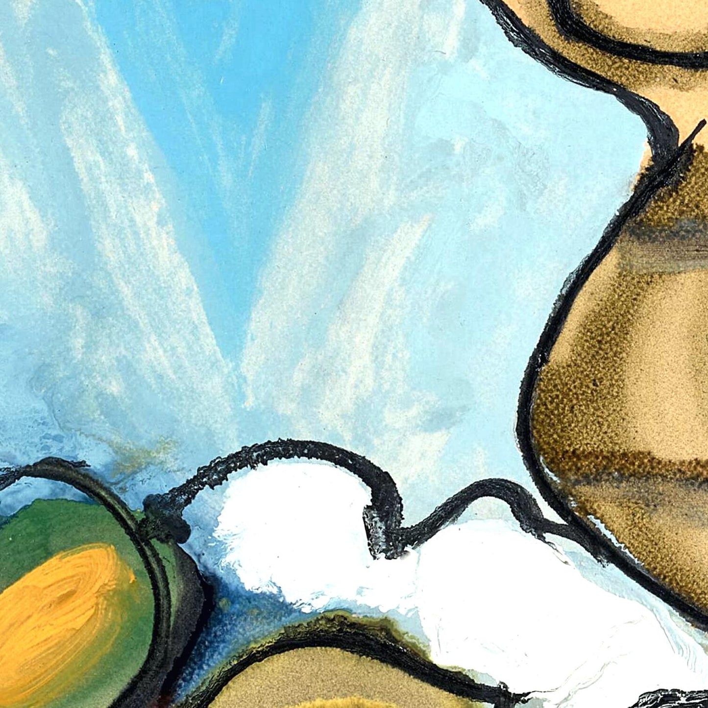 Abstract painting with blue, green, and brown colors