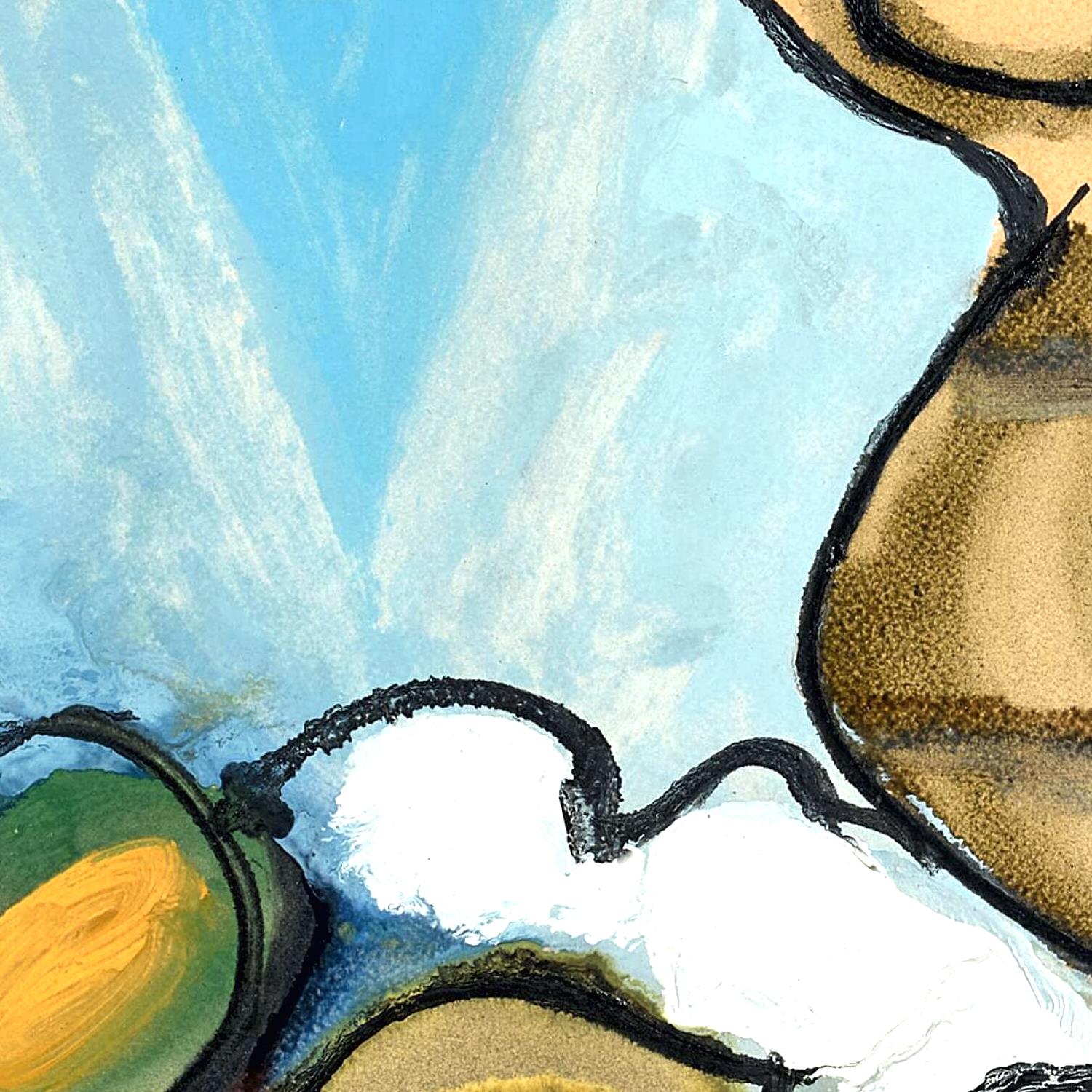 Abstract painting with blue, green, and brown colors